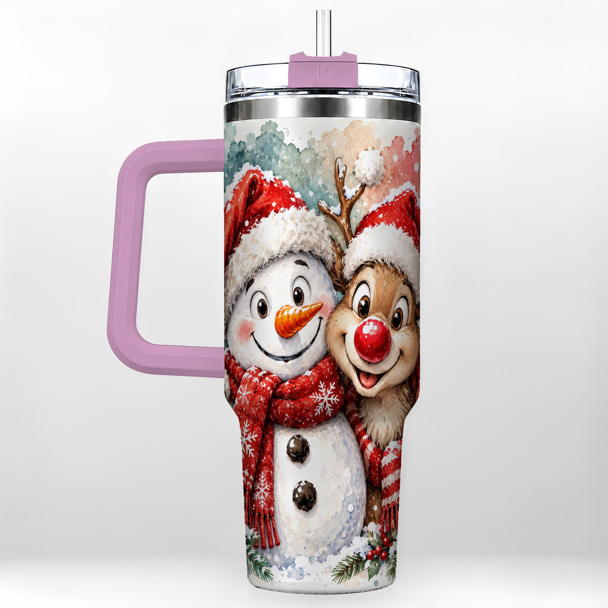 #pl[40oz|Pink] Snowman Reindeer 40oz Tumbler with Handle, Winter Stainless Steel Cup
