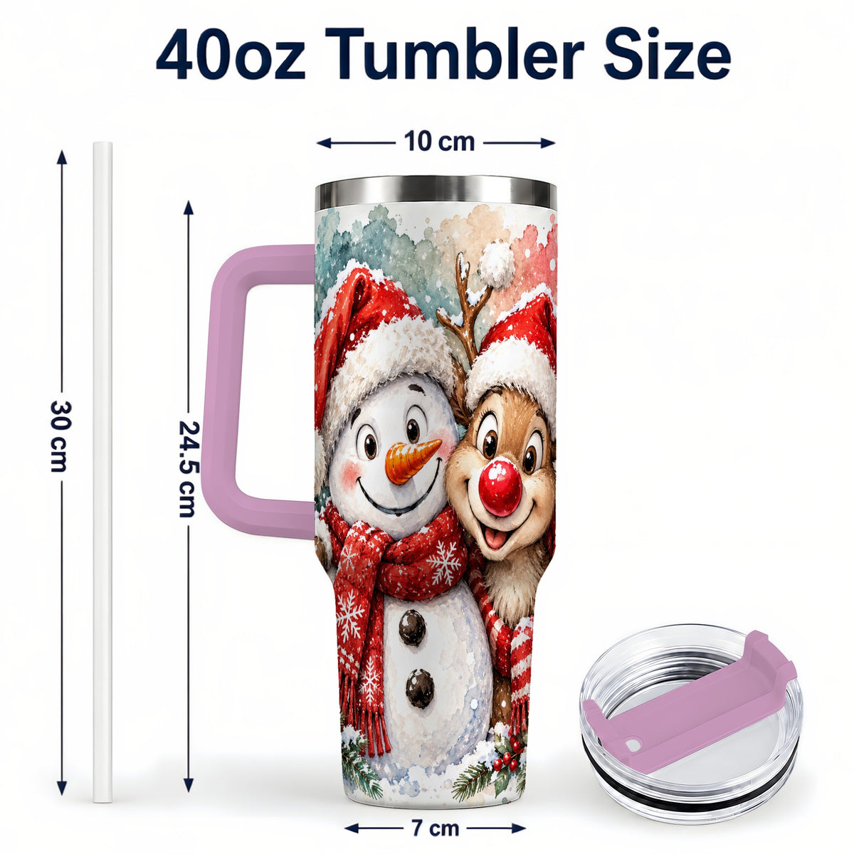 #pl[40oz|Pink] Snowman Reindeer 40oz Tumbler with Handle, Winter Stainless Steel Cup