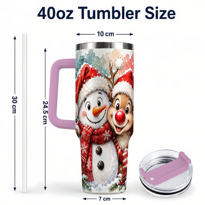 #pl[40oz|Pink] Snowman Reindeer 40oz Tumbler with Handle, Winter Stainless Steel Cup