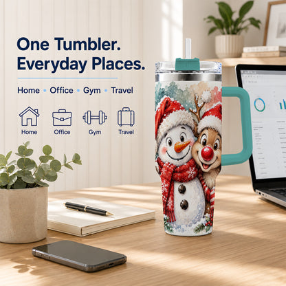#pl[40oz|Green] Snowman Reindeer 40oz Tumbler with Handle, Winter Stainless Steel Cup