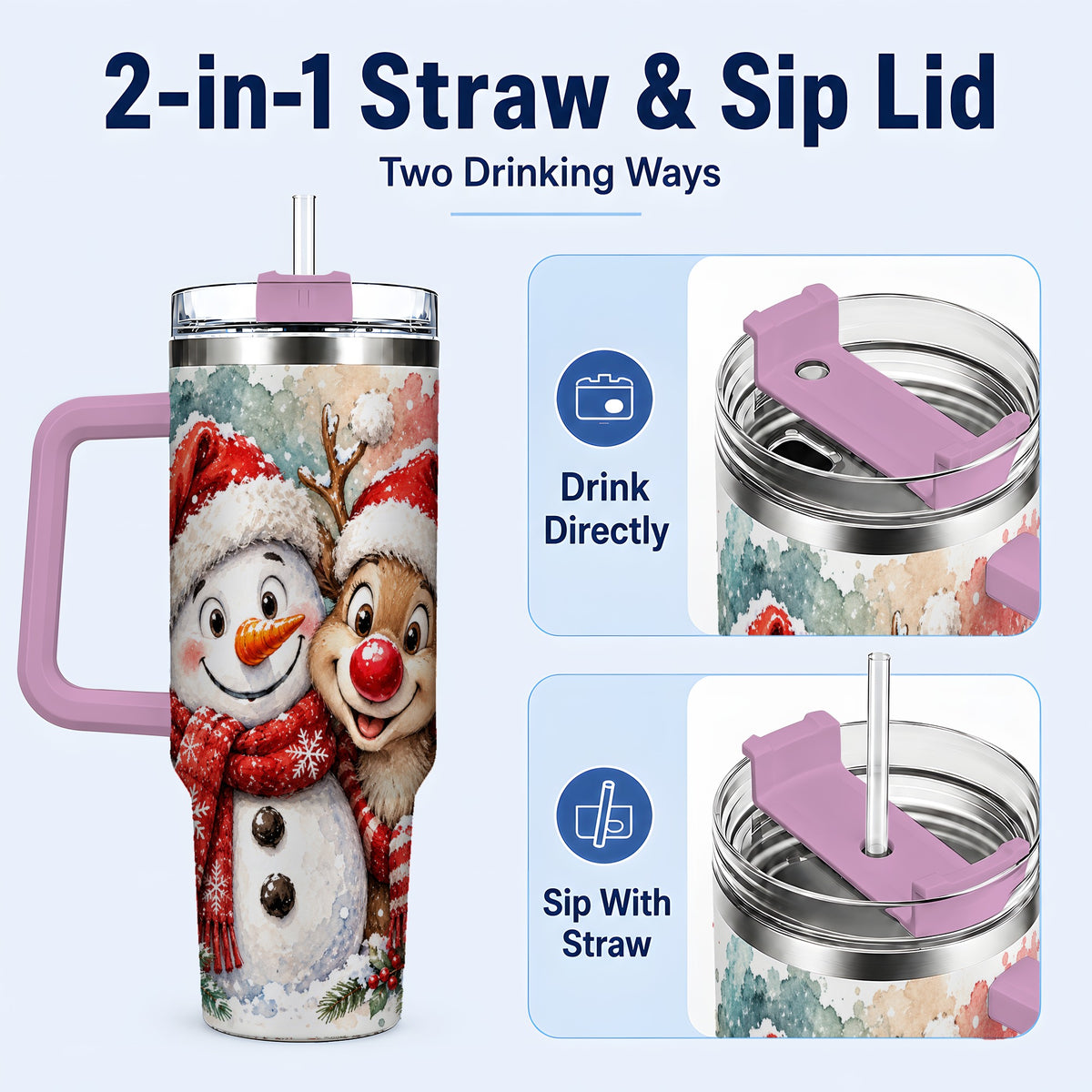 #pl[40oz|Pink] Snowman Reindeer 40oz Tumbler with Handle, Winter Stainless Steel Cup