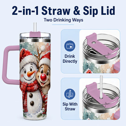 #pl[40oz|Pink] Snowman Reindeer 40oz Tumbler with Handle, Winter Stainless Steel Cup
