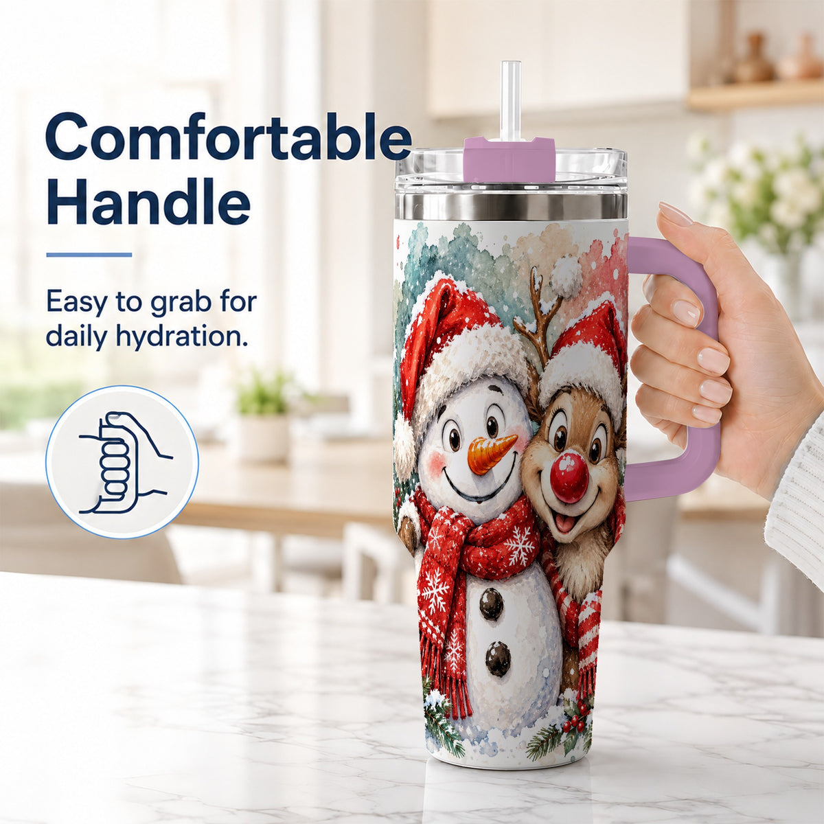 #pl[40oz|Pink] Snowman Reindeer 40oz Tumbler with Handle, Winter Stainless Steel Cup