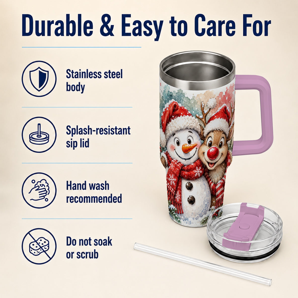 #pl[40oz|Pink] Snowman Reindeer 40oz Tumbler with Handle, Winter Stainless Steel Cup