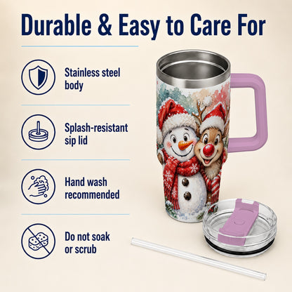 #pl[40oz|Pink] Snowman Reindeer 40oz Tumbler with Handle, Winter Stainless Steel Cup