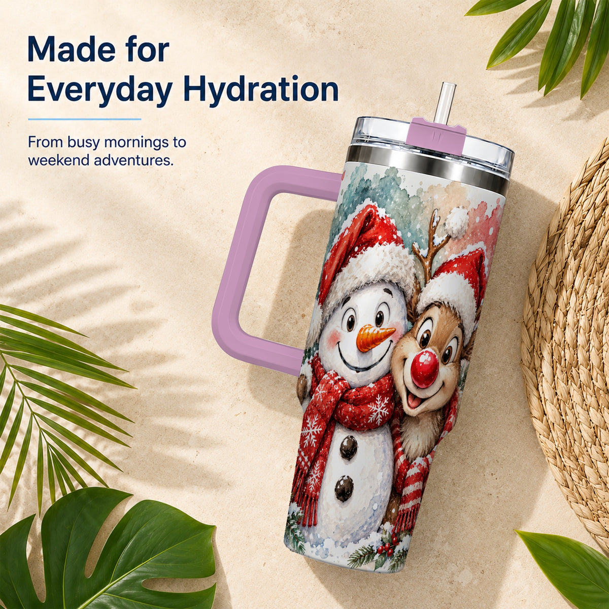#pl[40oz|Pink] Snowman Reindeer 40oz Tumbler with Handle, Winter Stainless Steel Cup
