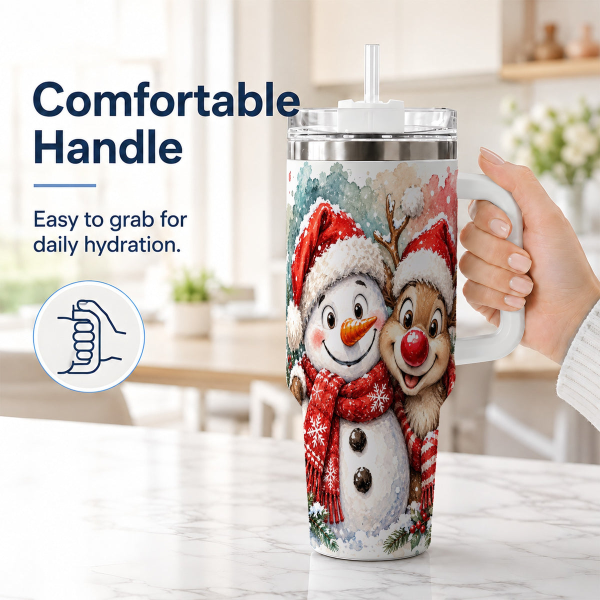 #pl[40oz|White] Snowman Reindeer 40oz Tumbler with Handle, Winter Stainless Steel Cup