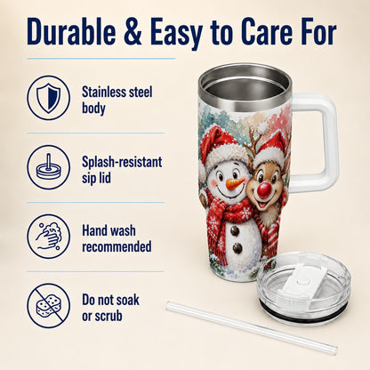 #pl[40oz|White] Snowman Reindeer 40oz Tumbler with Handle, Winter Stainless Steel Cup