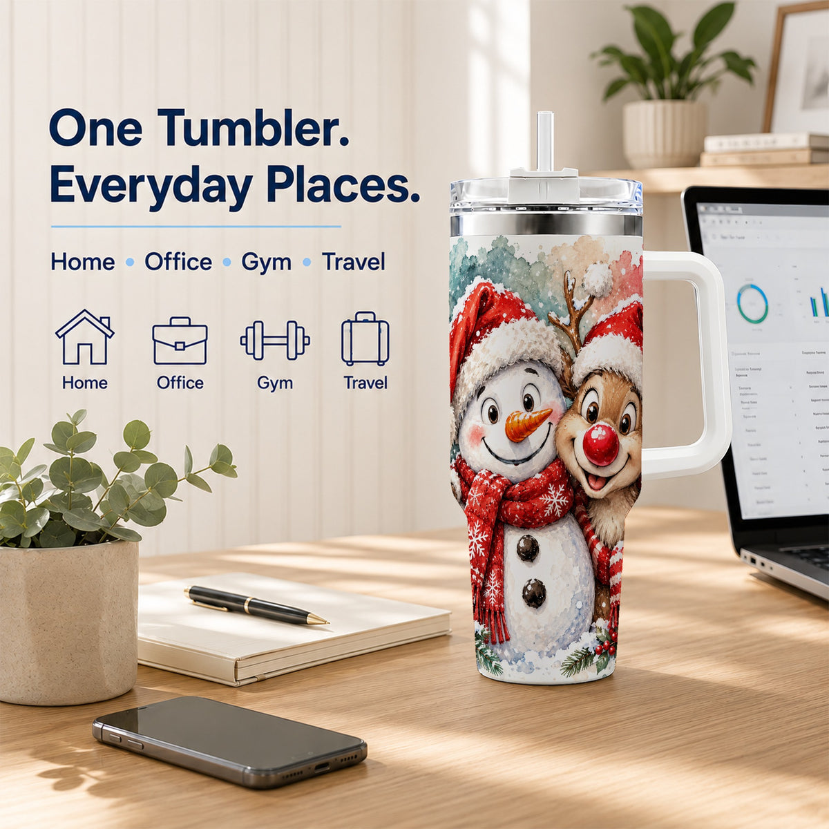 #pl[40oz|White] Snowman Reindeer 40oz Tumbler with Handle, Winter Stainless Steel Cup