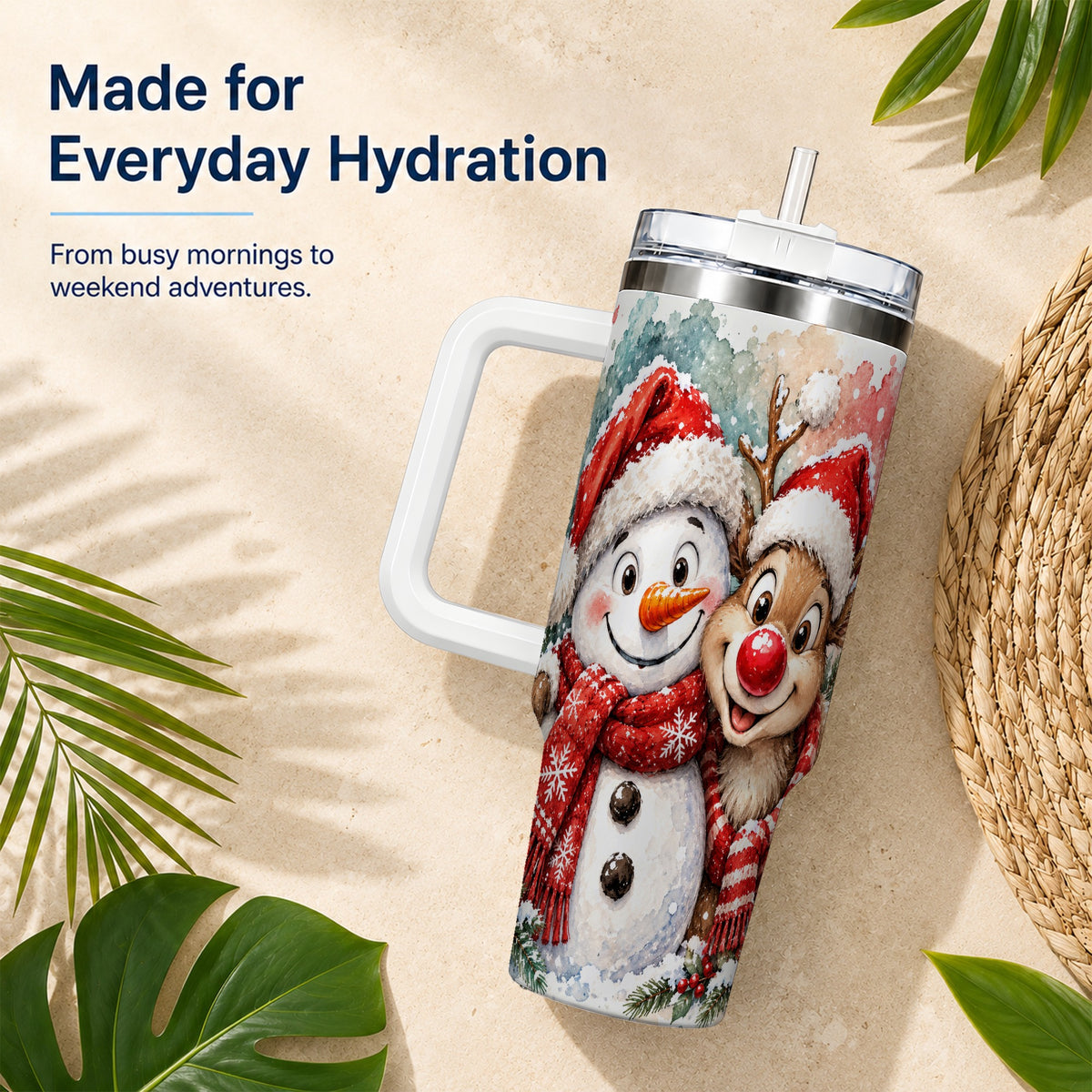 #pl[40oz|White] Snowman Reindeer 40oz Tumbler with Handle, Winter Stainless Steel Cup