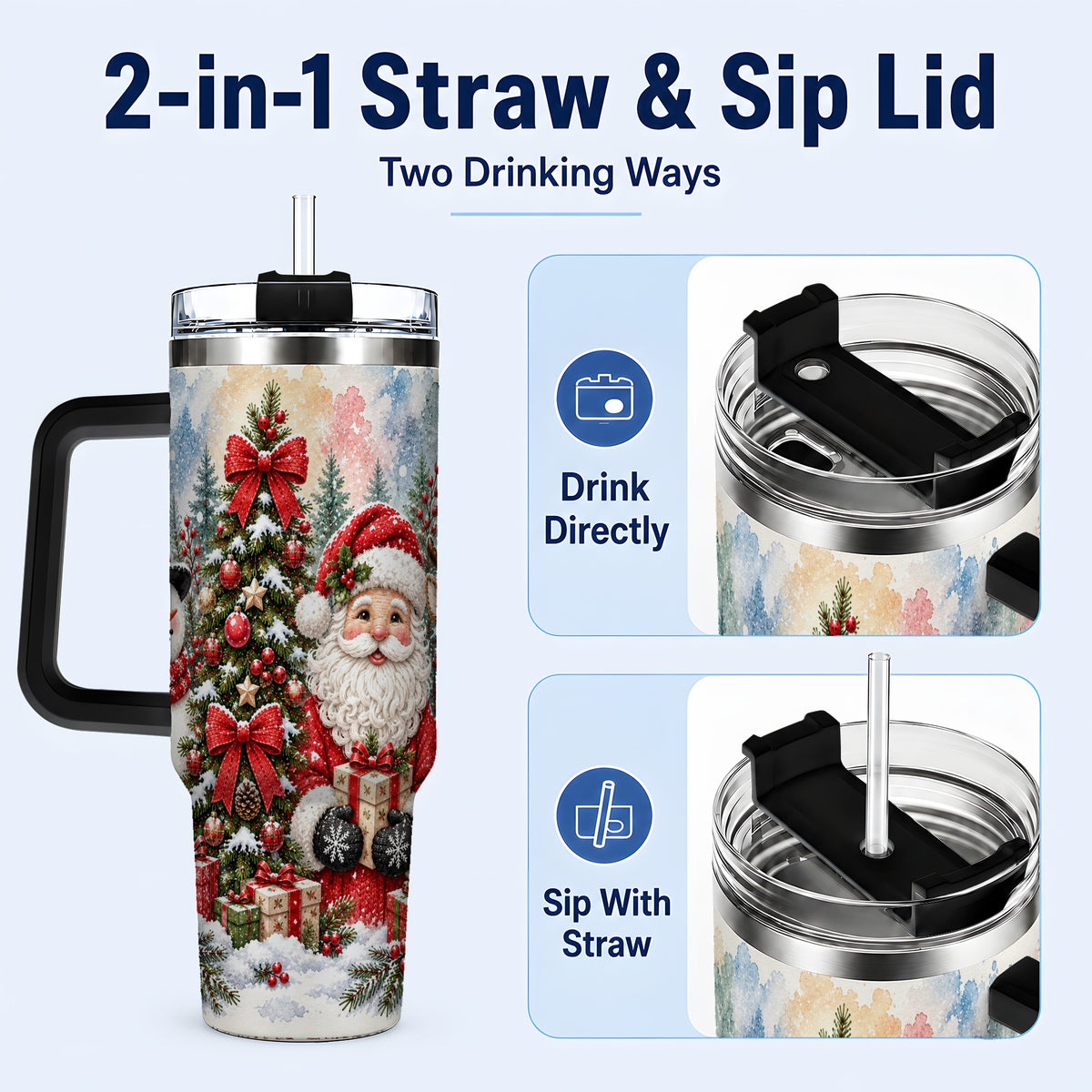#pl[40oz|Black] Classic Christmas 40oz Tumbler with Handle, Winter Stainless Steel Cup