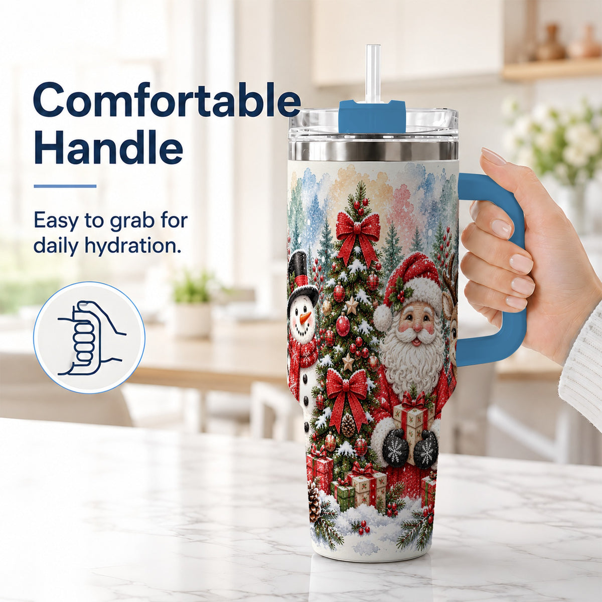 #pl[40oz|Blue] Classic Christmas 40oz Tumbler with Handle, Winter Stainless Steel Cup