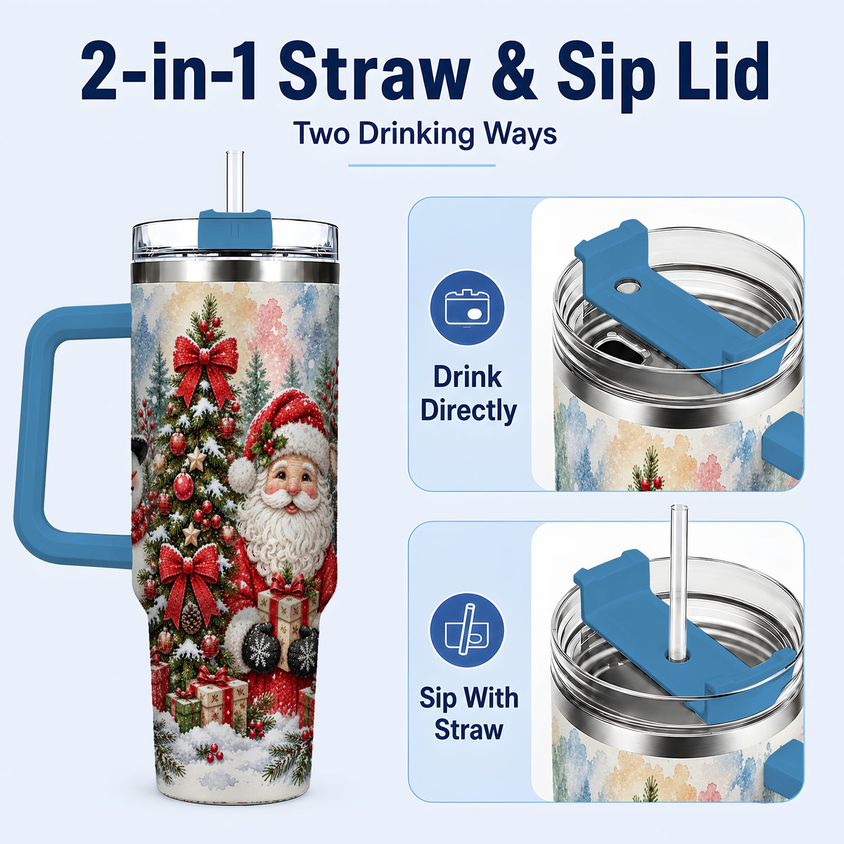 #pl[40oz|Blue] Classic Christmas 40oz Tumbler with Handle, Winter Stainless Steel Cup