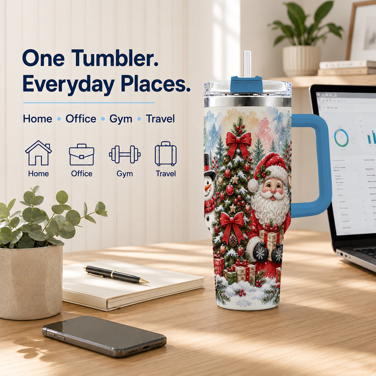 #pl[40oz|Blue] Classic Christmas 40oz Tumbler with Handle, Winter Stainless Steel Cup