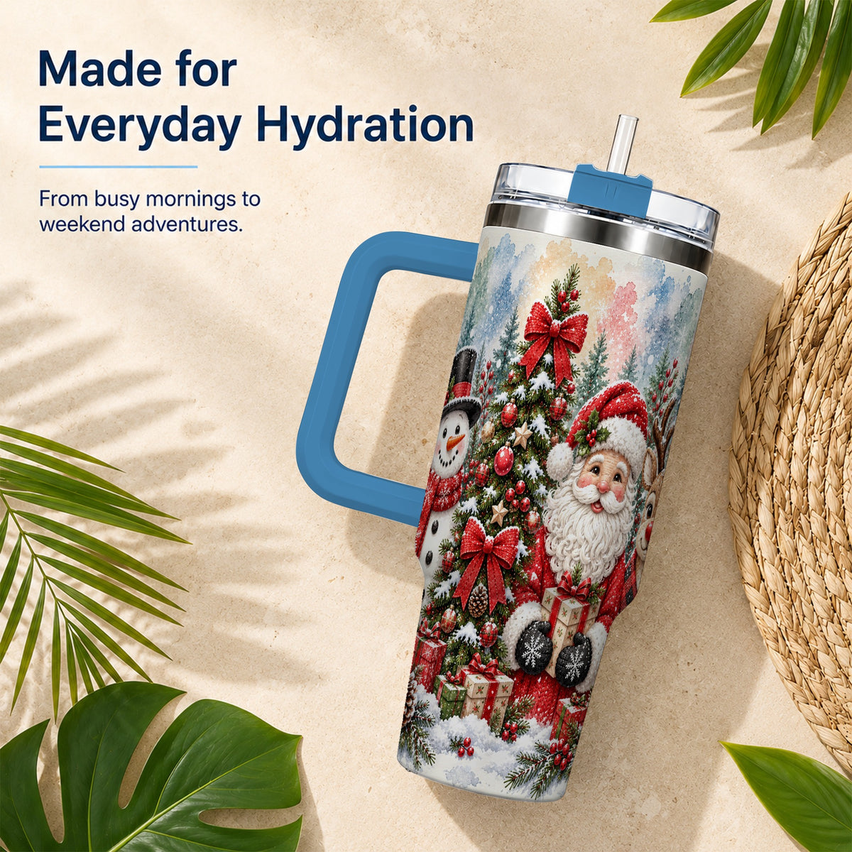 #pl[40oz|Blue] Classic Christmas 40oz Tumbler with Handle, Winter Stainless Steel Cup