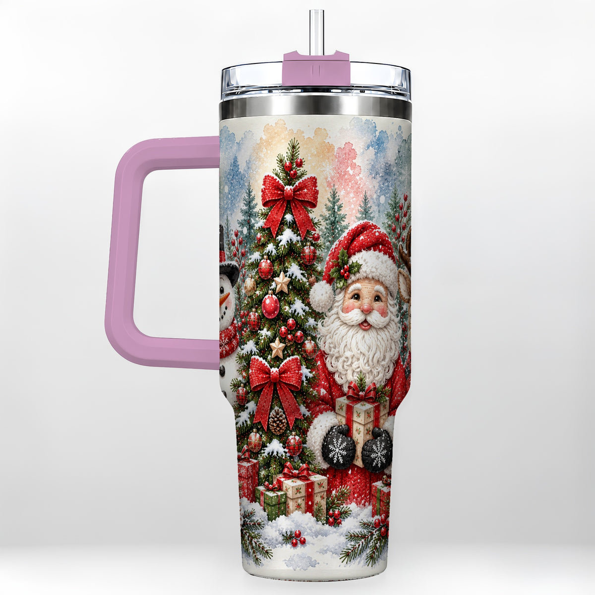 #pl[40oz|Pink] Classic Christmas 40oz Tumbler with Handle, Winter Stainless Steel Cup