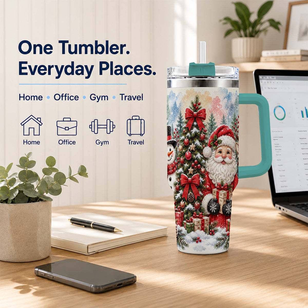 #pl[40oz|Green] Classic Christmas 40oz Tumbler with Handle, Winter Stainless Steel Cup