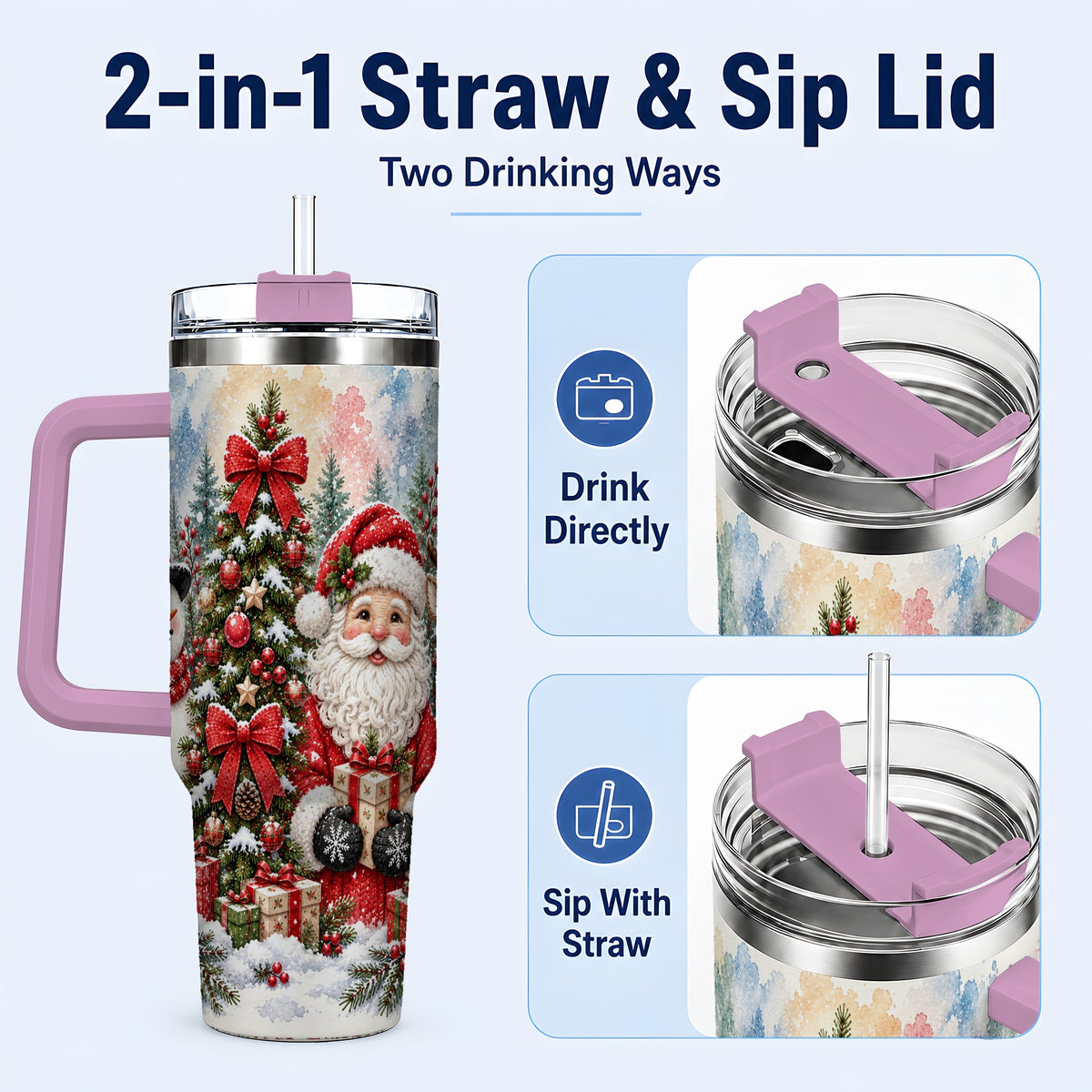 #pl[40oz|Pink] Classic Christmas 40oz Tumbler with Handle, Winter Stainless Steel Cup