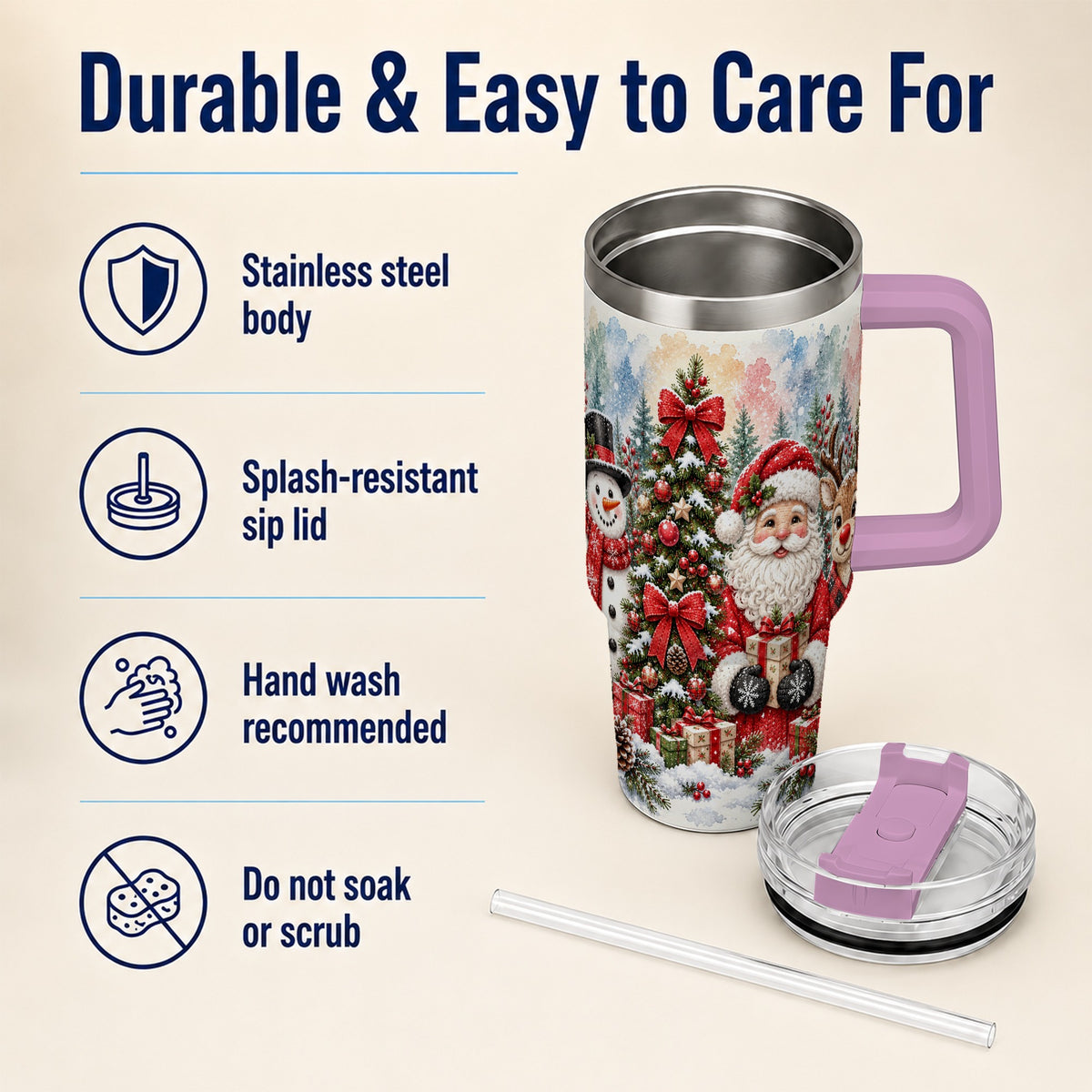 #pl[40oz|Pink] Classic Christmas 40oz Tumbler with Handle, Winter Stainless Steel Cup