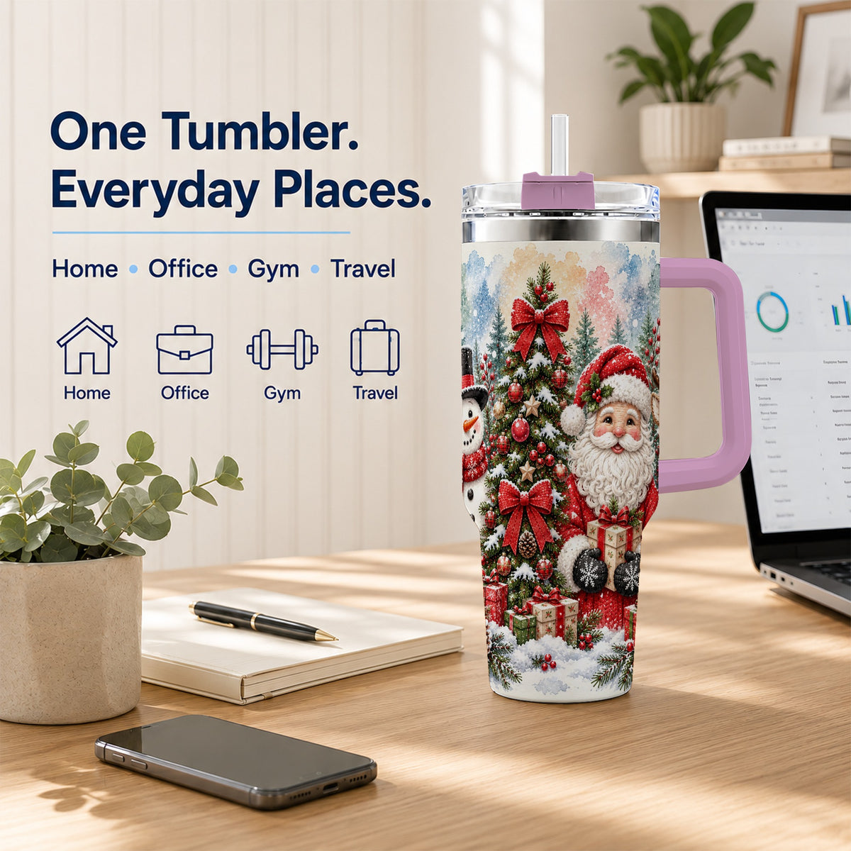 #pl[40oz|Pink] Classic Christmas 40oz Tumbler with Handle, Winter Stainless Steel Cup