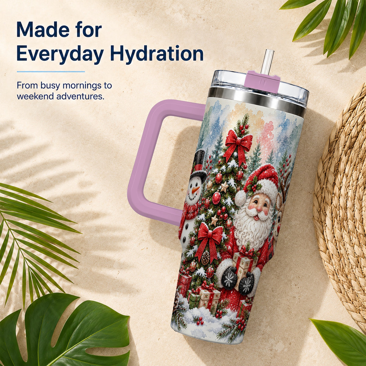 #pl[40oz|Pink] Classic Christmas 40oz Tumbler with Handle, Winter Stainless Steel Cup