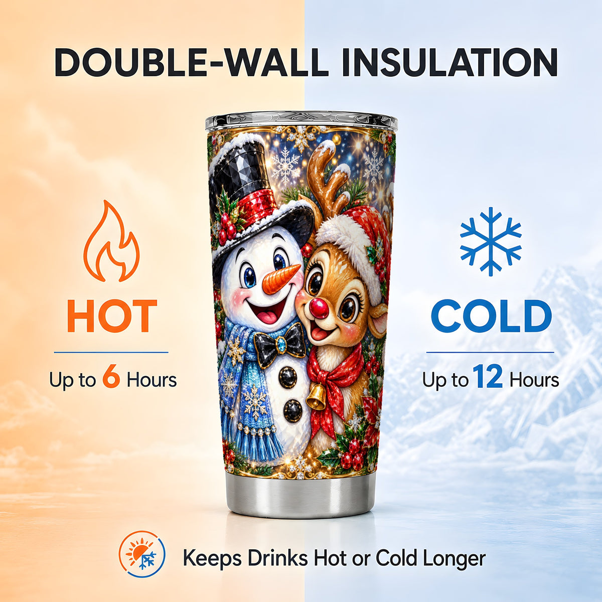 #pl[20oz|Steel] Snowman Reindeer Tumbler 20oz, Winter Tumbler, Stainless Steel Travel Cup