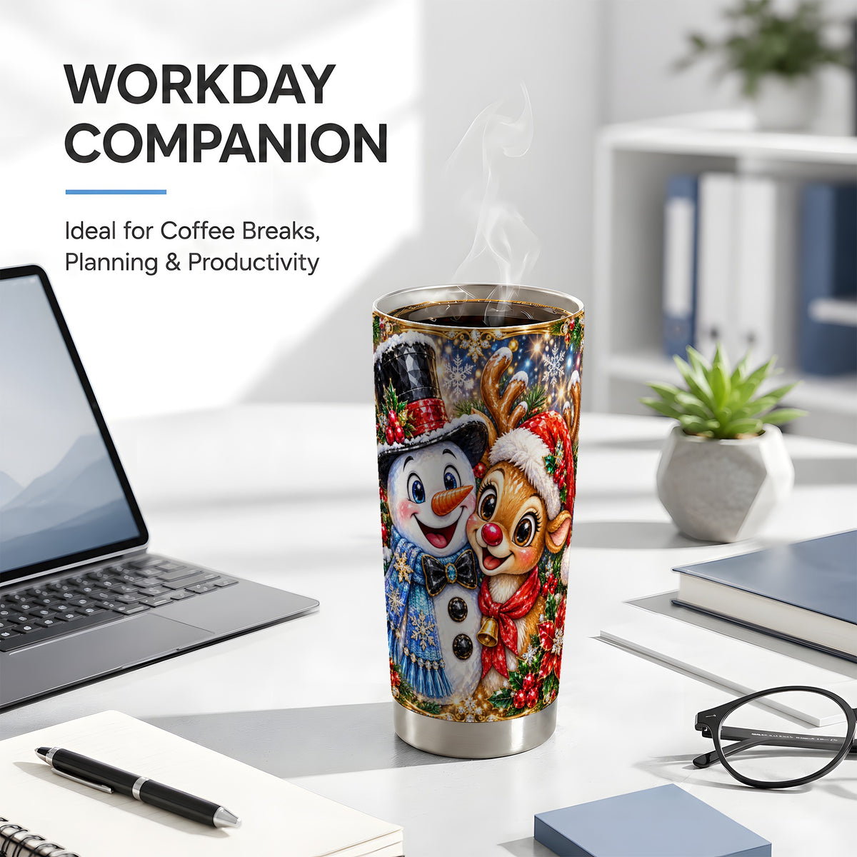 #pl[20oz|Steel] Snowman Reindeer Tumbler 20oz, Winter Tumbler, Stainless Steel Travel Cup
