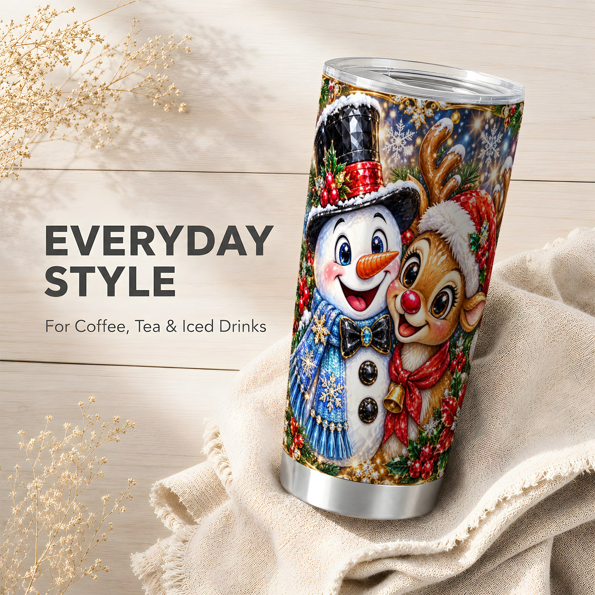 #pl[20oz|Steel] Snowman Reindeer Tumbler 20oz, Winter Tumbler, Stainless Steel Travel Cup