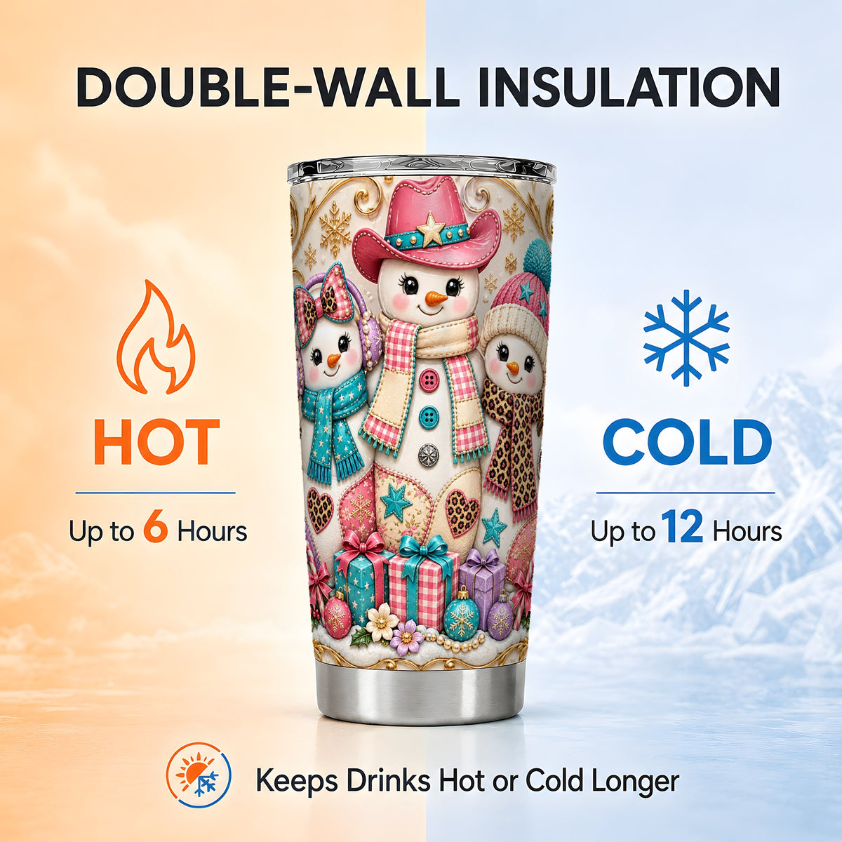 #pl[20oz|Steel] Western Snowmen Tumbler 20oz, Cowgirl Tumbler, Stainless Steel Travel Cup