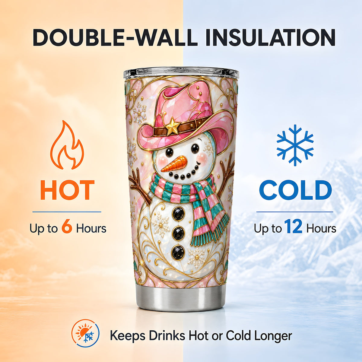 #pl[20oz|Steel] Pink Snowman Tumbler 20oz, Winter Floral Stainless Steel Travel Cup