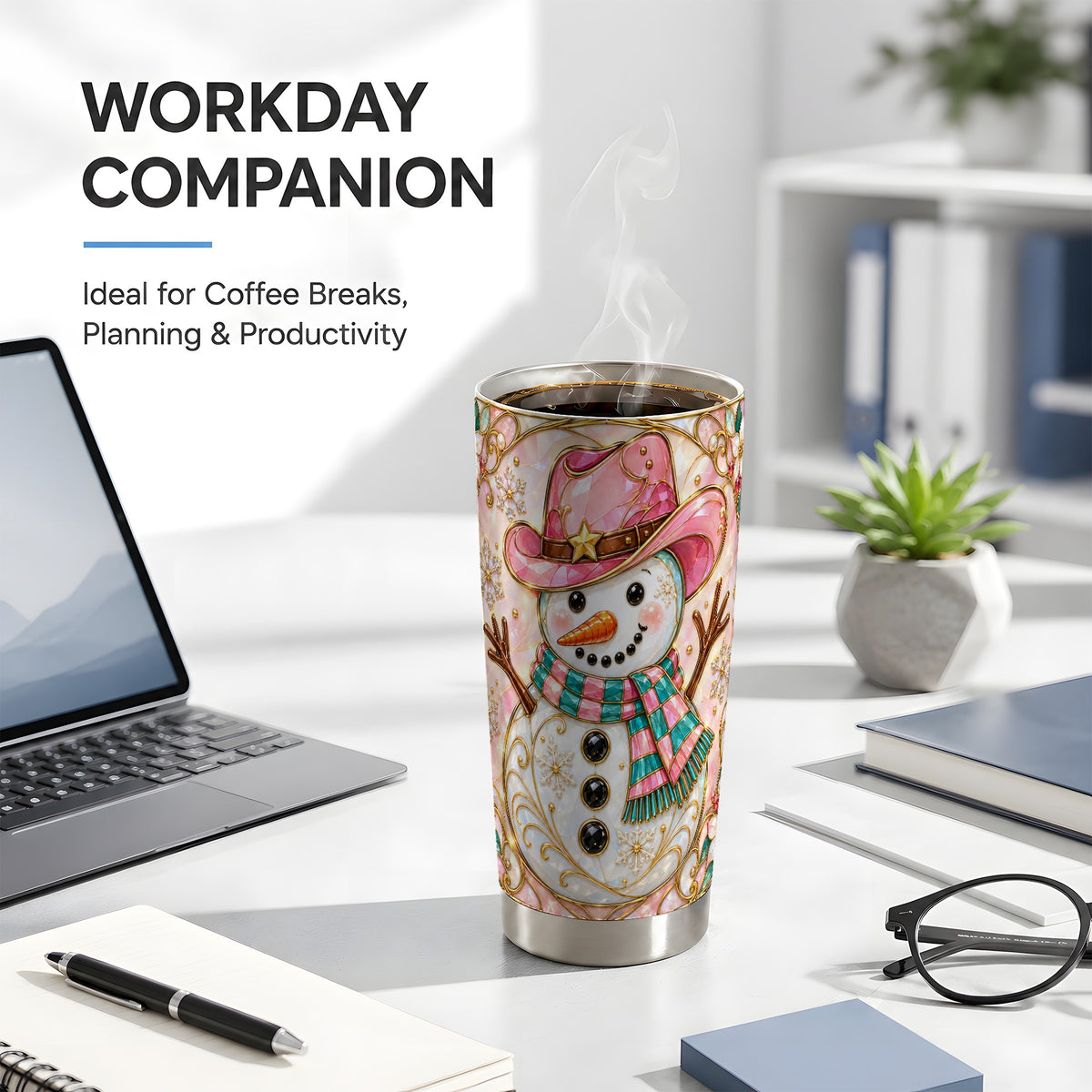 #pl[20oz|Steel] Pink Snowman Tumbler 20oz, Winter Floral Stainless Steel Travel Cup