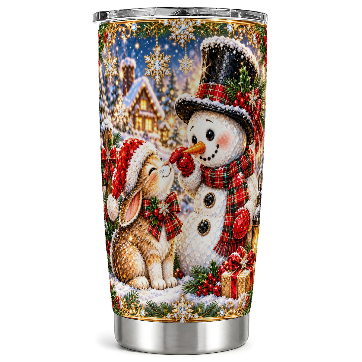 Snowman Bunny Tumbler 20oz, Christmas Tumbler, Stainless Steel Travel Cup