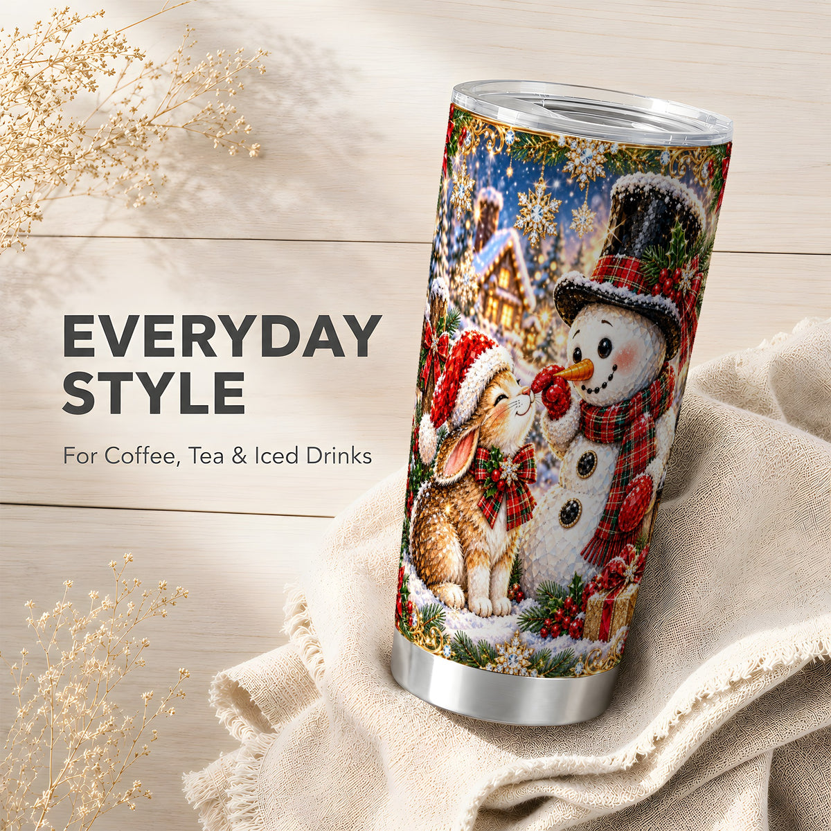 #pl[20oz|Steel] Snowman Bunny Tumbler 20oz, Christmas Tumbler, Stainless Steel Travel Cup