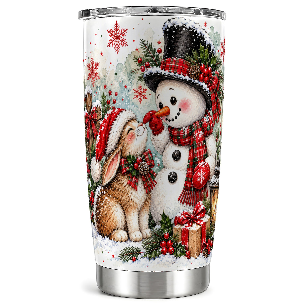 Snowman Bunny Tumbler 20oz, Watercolor Winter Stainless Steel Travel Cup
