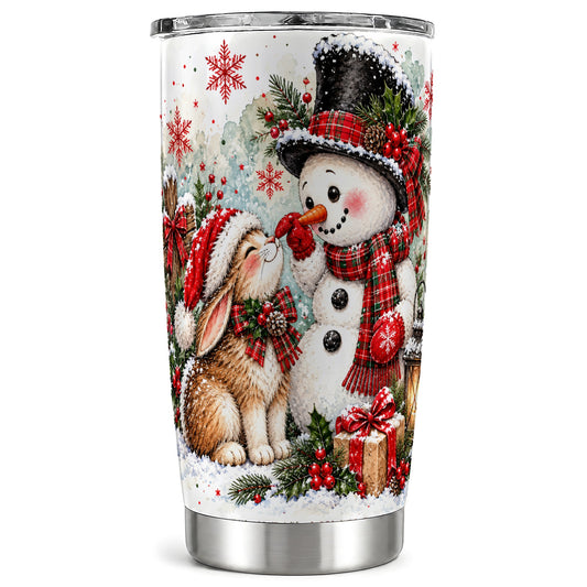 Snowman Bunny Tumbler 20oz, Watercolor Winter Stainless Steel Travel Cup