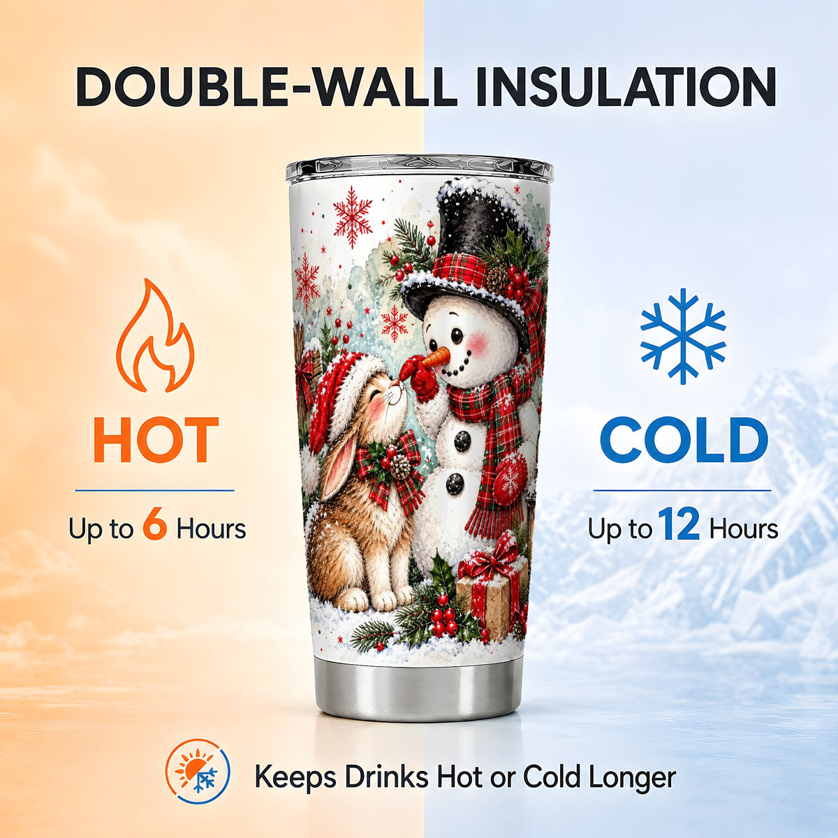 #pl[20oz|Steel] Snowman Bunny Tumbler 20oz, Watercolor Winter Stainless Steel Travel Cup
