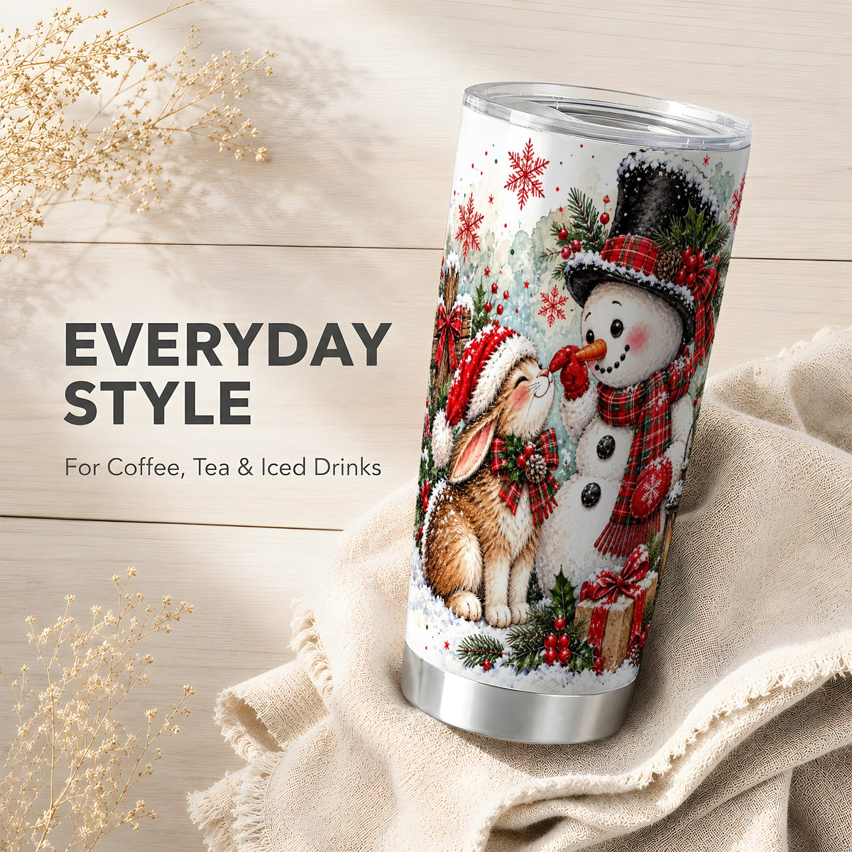 #pl[20oz|Steel] Snowman Bunny Tumbler 20oz, Watercolor Winter Stainless Steel Travel Cup