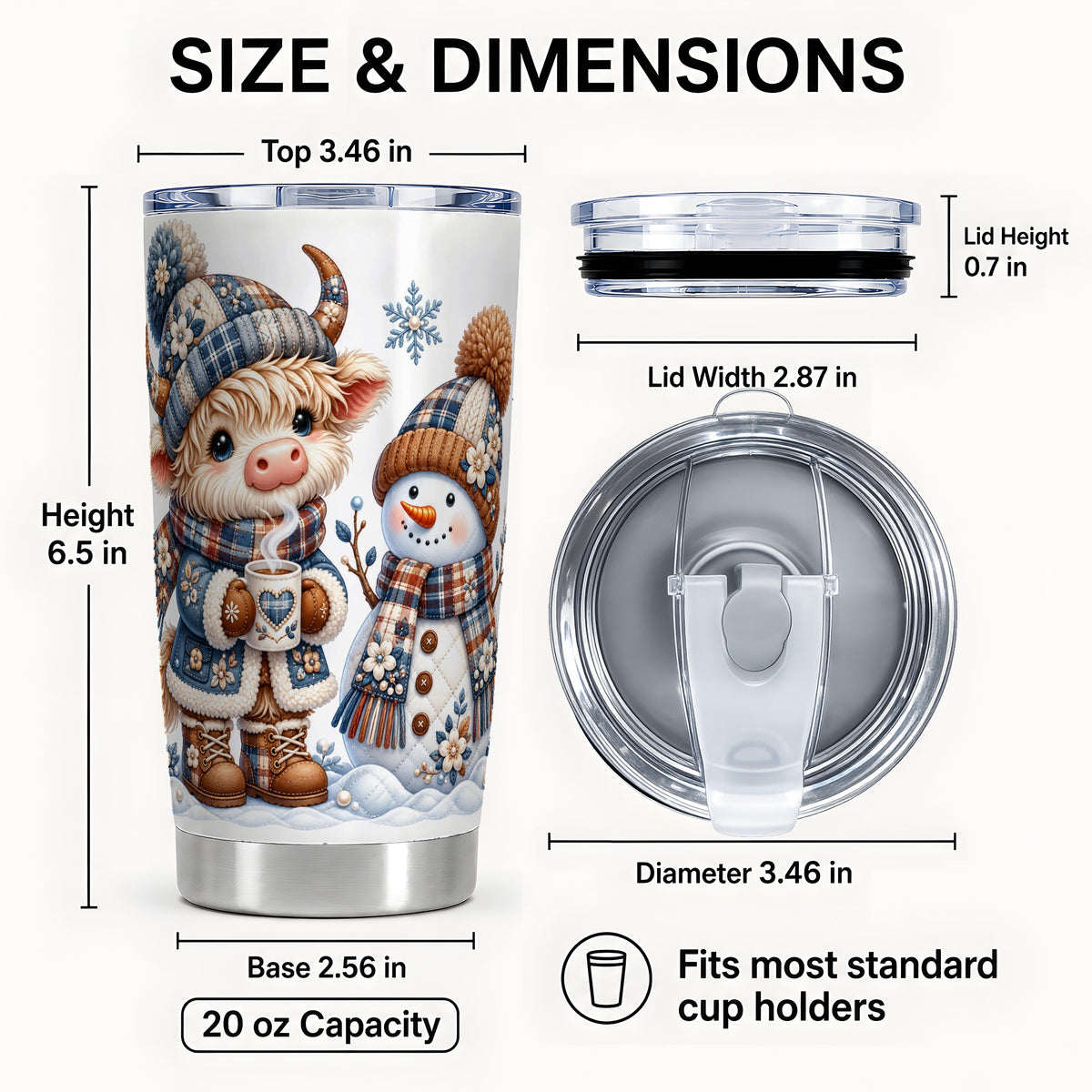 #pl[20oz|Steel] Highland Cow Snowman Tumbler 20oz, Winter Tumbler, Stainless Travel Cup