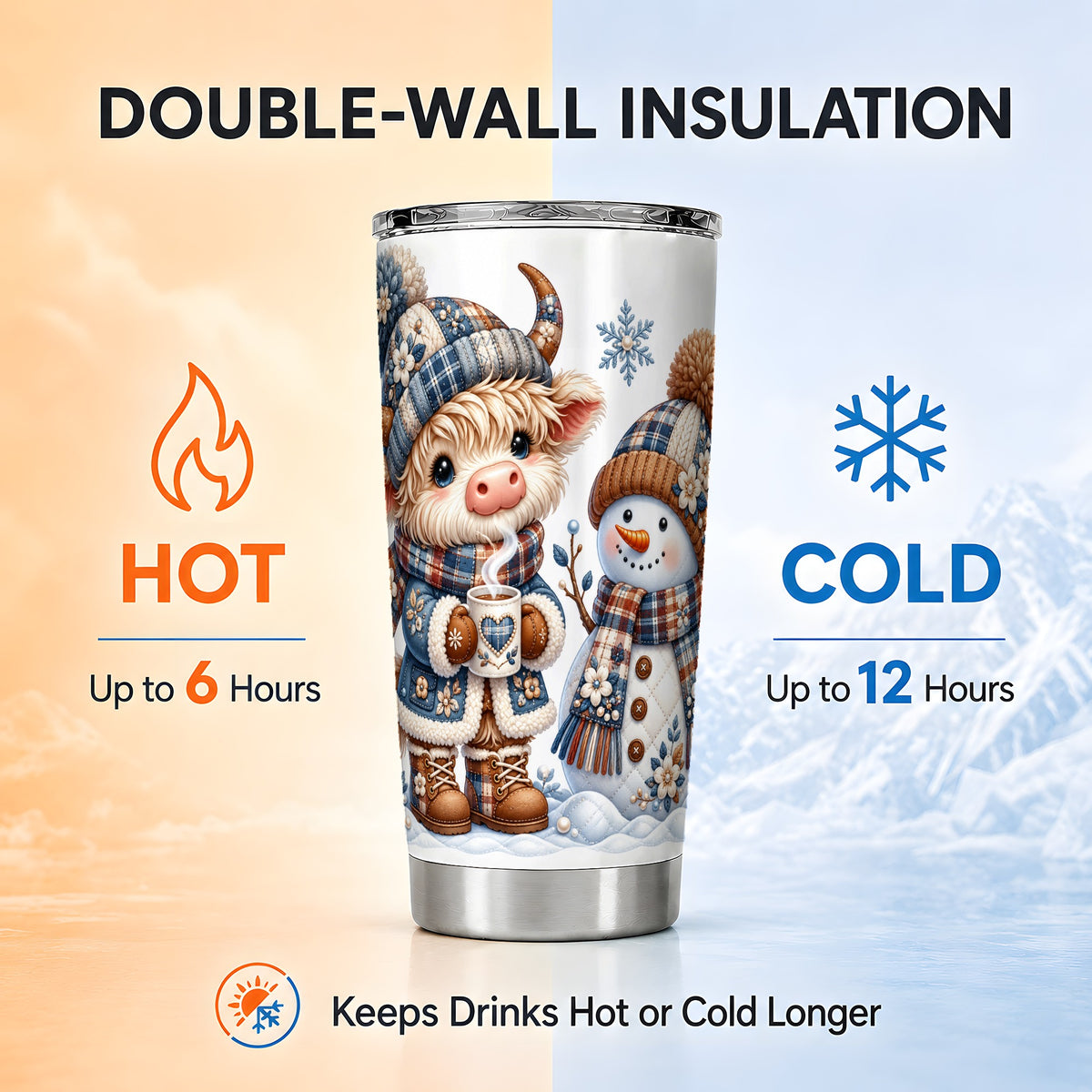 #pl[20oz|Steel] Highland Cow Snowman Tumbler 20oz, Winter Tumbler, Stainless Travel Cup