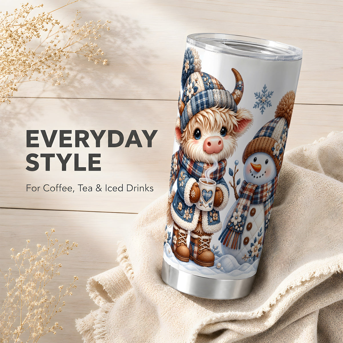 #pl[20oz|Steel] Highland Cow Snowman Tumbler 20oz, Winter Tumbler, Stainless Travel Cup