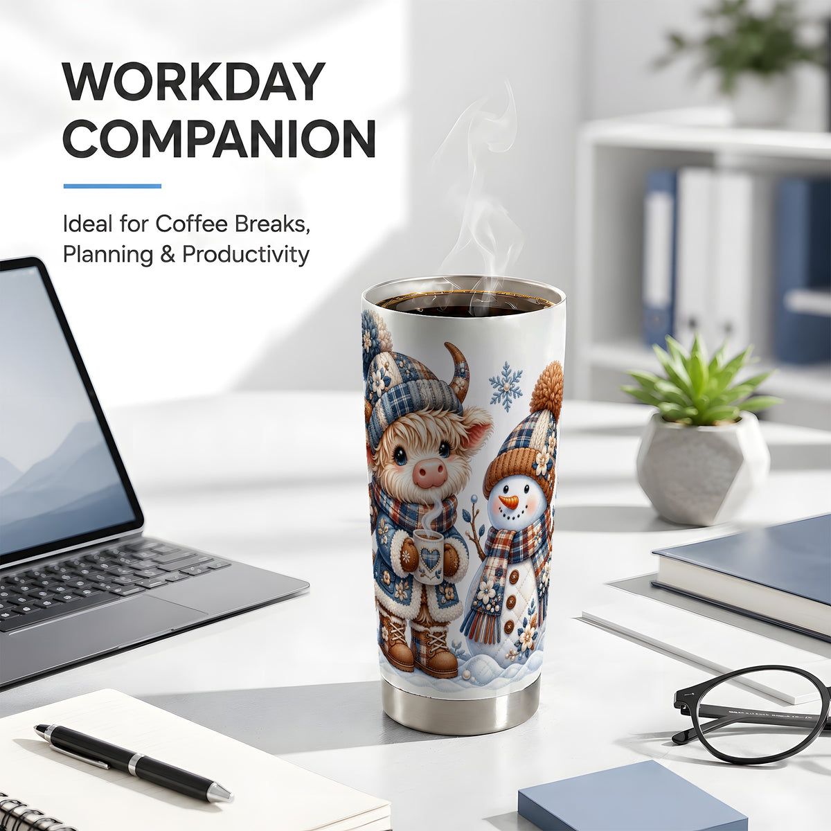 #pl[20oz|Steel] Highland Cow Snowman Tumbler 20oz, Winter Tumbler, Stainless Travel Cup