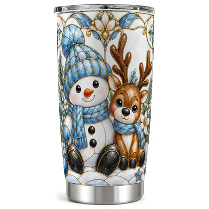Snowman Reindeer Tumbler 20oz, Blue Winter Tumbler, Stainless Travel Cup