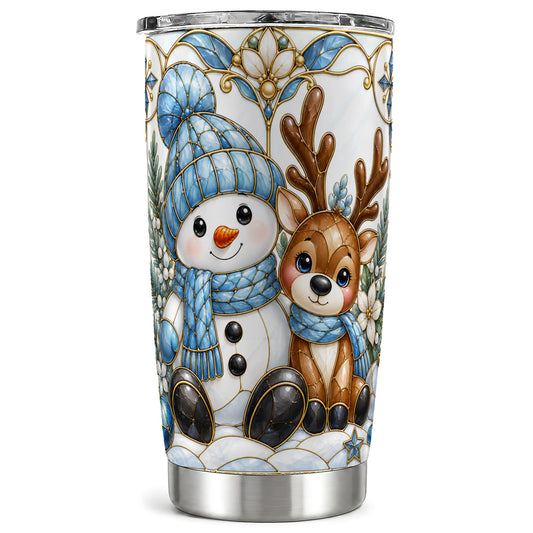 Snowman Reindeer Tumbler 20oz, Blue Winter Tumbler, Stainless Travel Cup