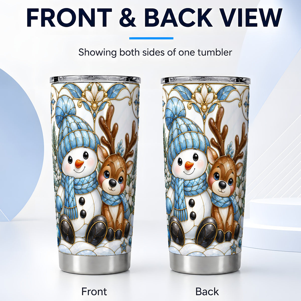 #pl[20oz|Steel] Snowman Reindeer Tumbler 20oz, Blue Winter Tumbler, Stainless Travel Cup