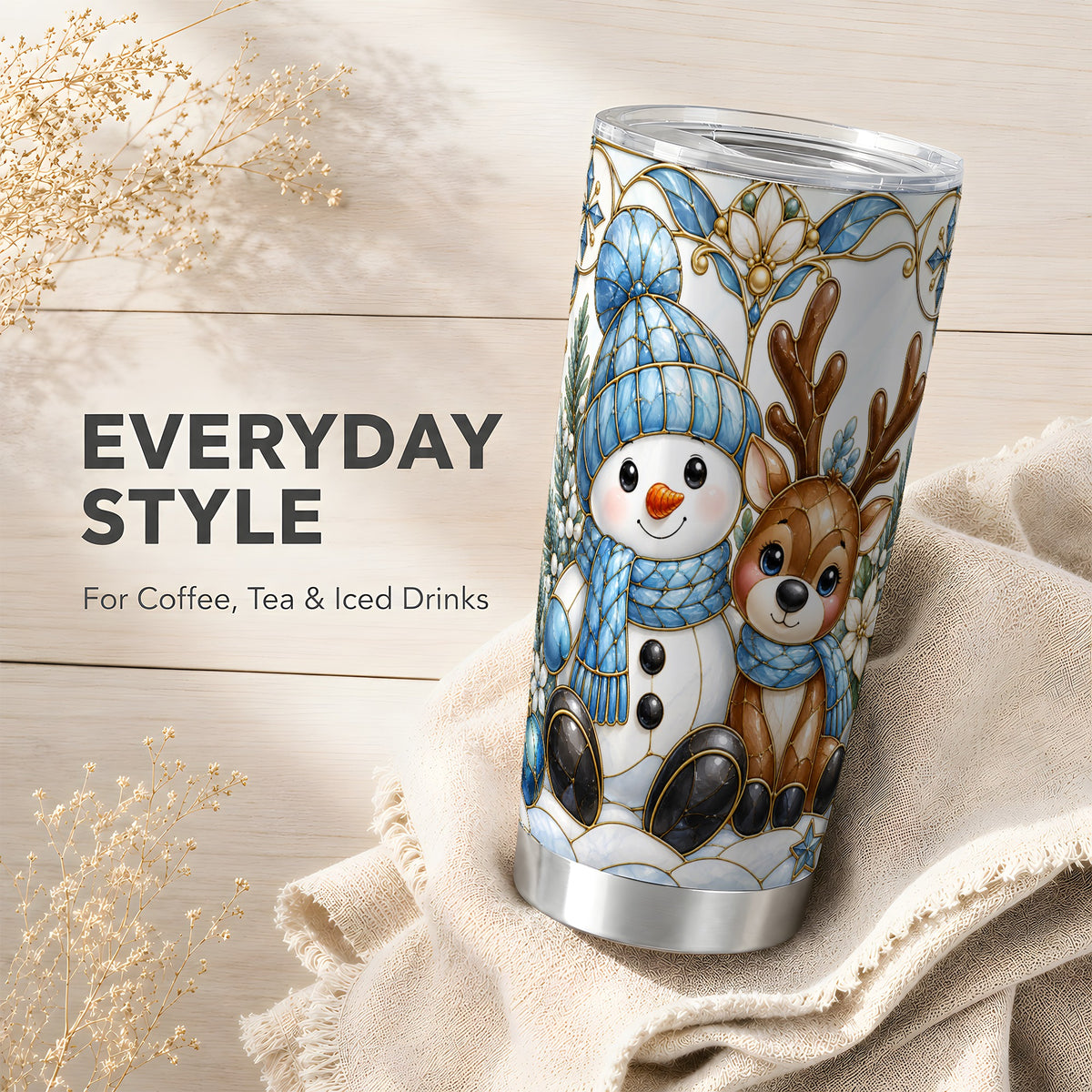 #pl[20oz|Steel] Snowman Reindeer Tumbler 20oz, Blue Winter Tumbler, Stainless Travel Cup
