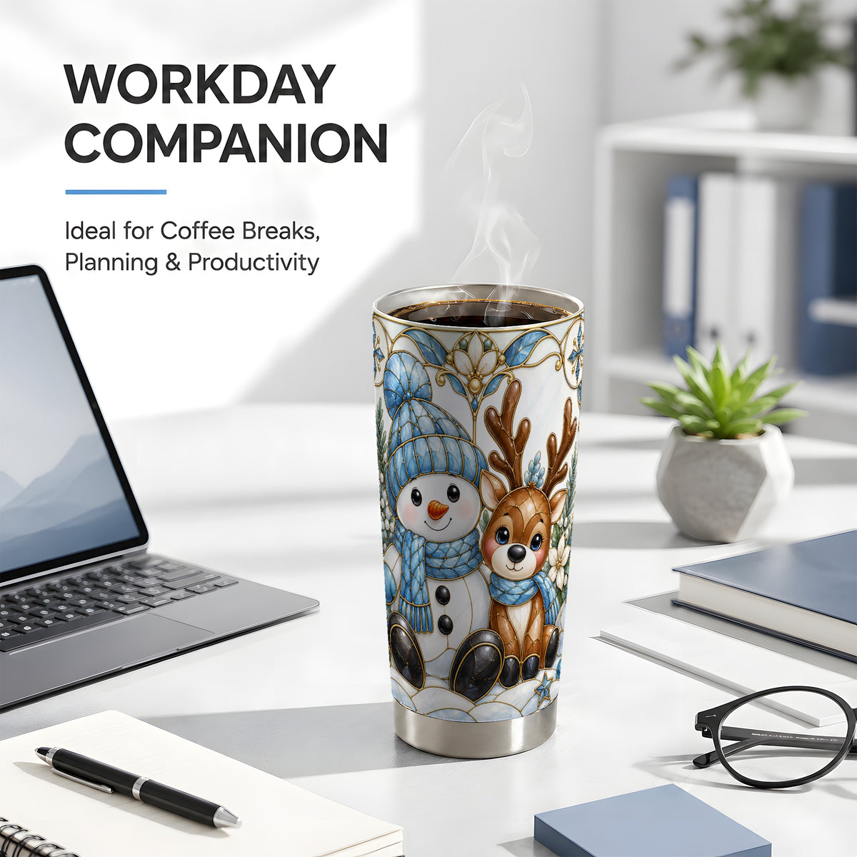 #pl[20oz|Steel] Snowman Reindeer Tumbler 20oz, Blue Winter Tumbler, Stainless Travel Cup