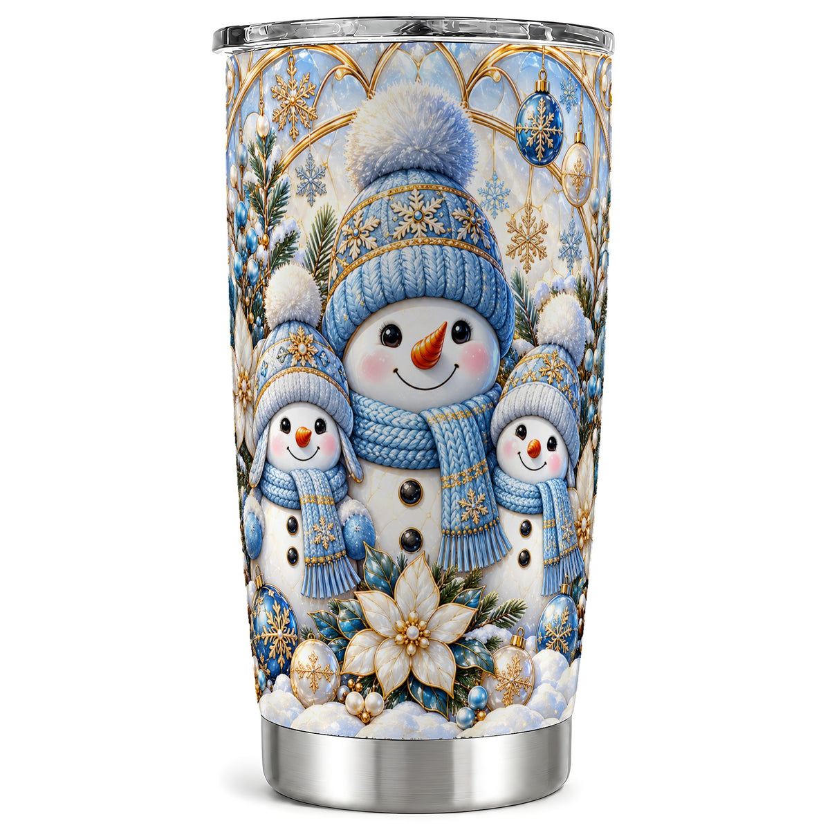 Snowman Family Tumbler 20oz, Blue Tumbler, Stainless Steel Travel Cup