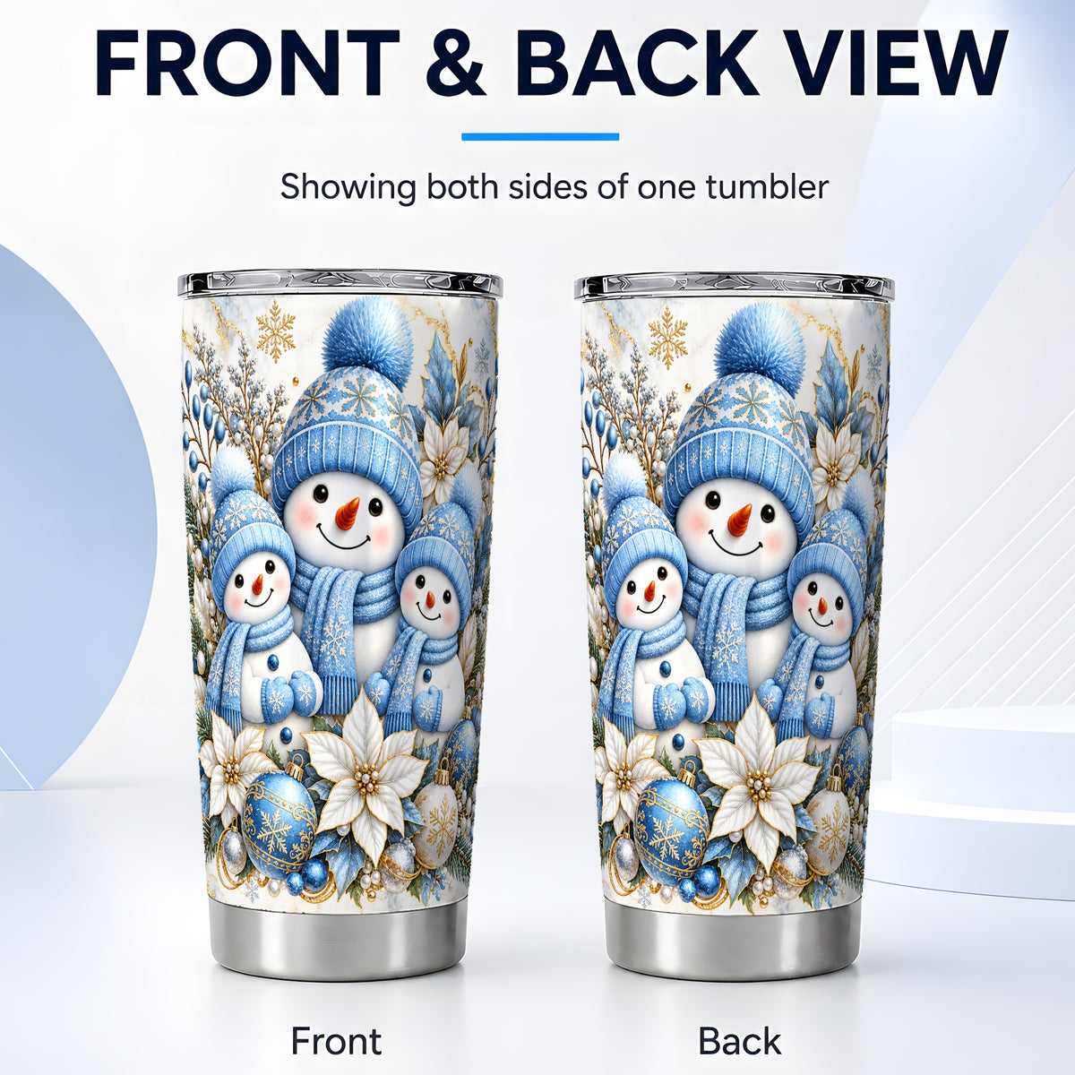 #pl[20oz|Steel] Snowman Family Tumbler 20oz, Blue Tumbler, Stainless Steel Travel Cup