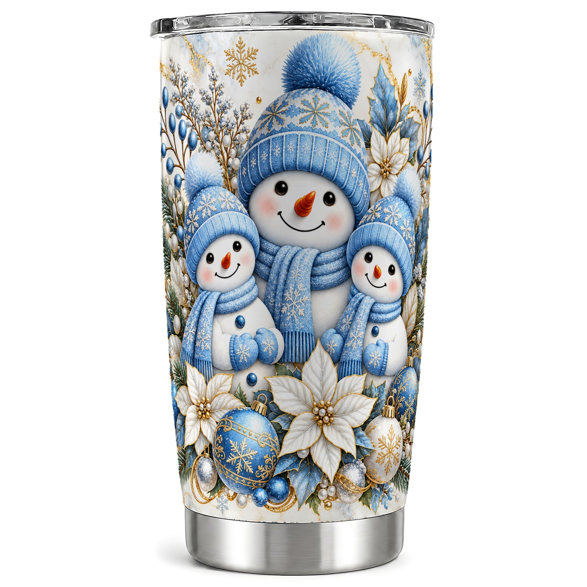 Snowman Family Tumbler 20oz, Blue Tumbler, Stainless Steel Travel Cup