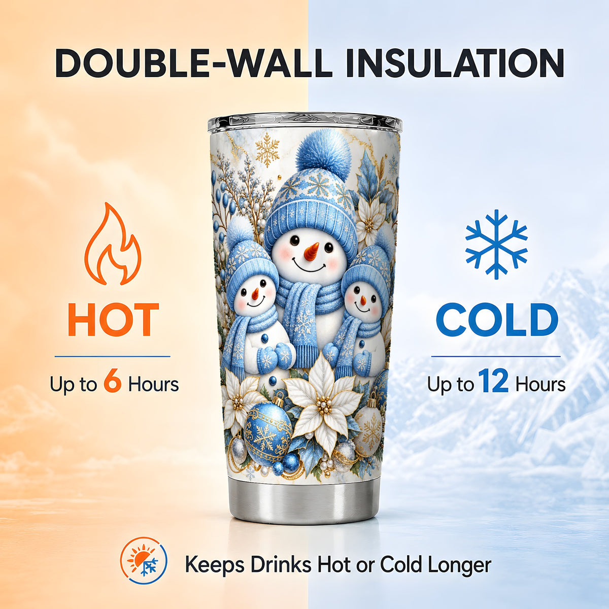 #pl[20oz|Steel] Snowman Family Tumbler 20oz, Blue Tumbler, Stainless Steel Travel Cup